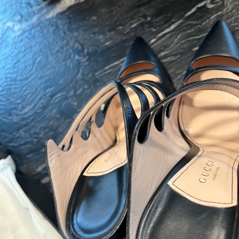 Gucci Black Leather Strappy Pointed-Toe Heels with Gold Buttons - Picture 5 of 11